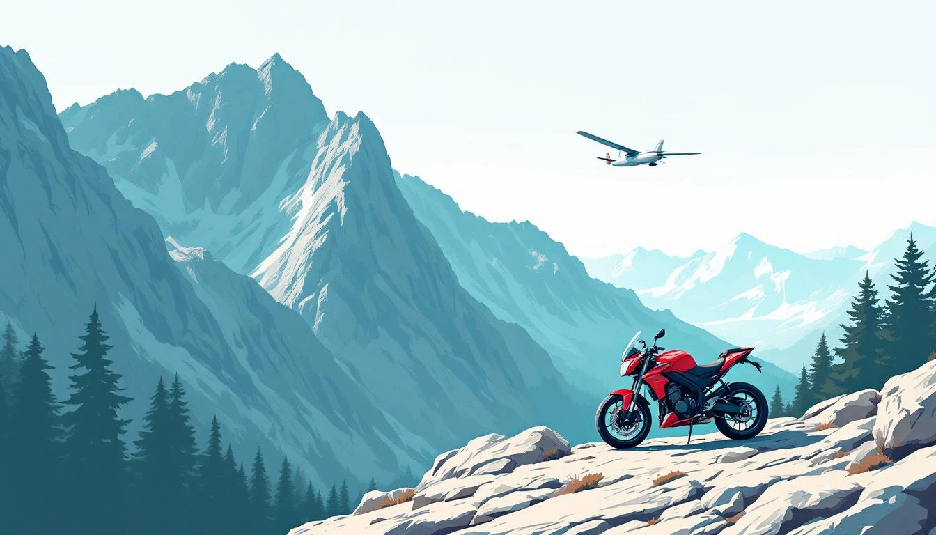 A red sport motorcycle parked on a rocky alpine ridge with a white glider banking above the summit.