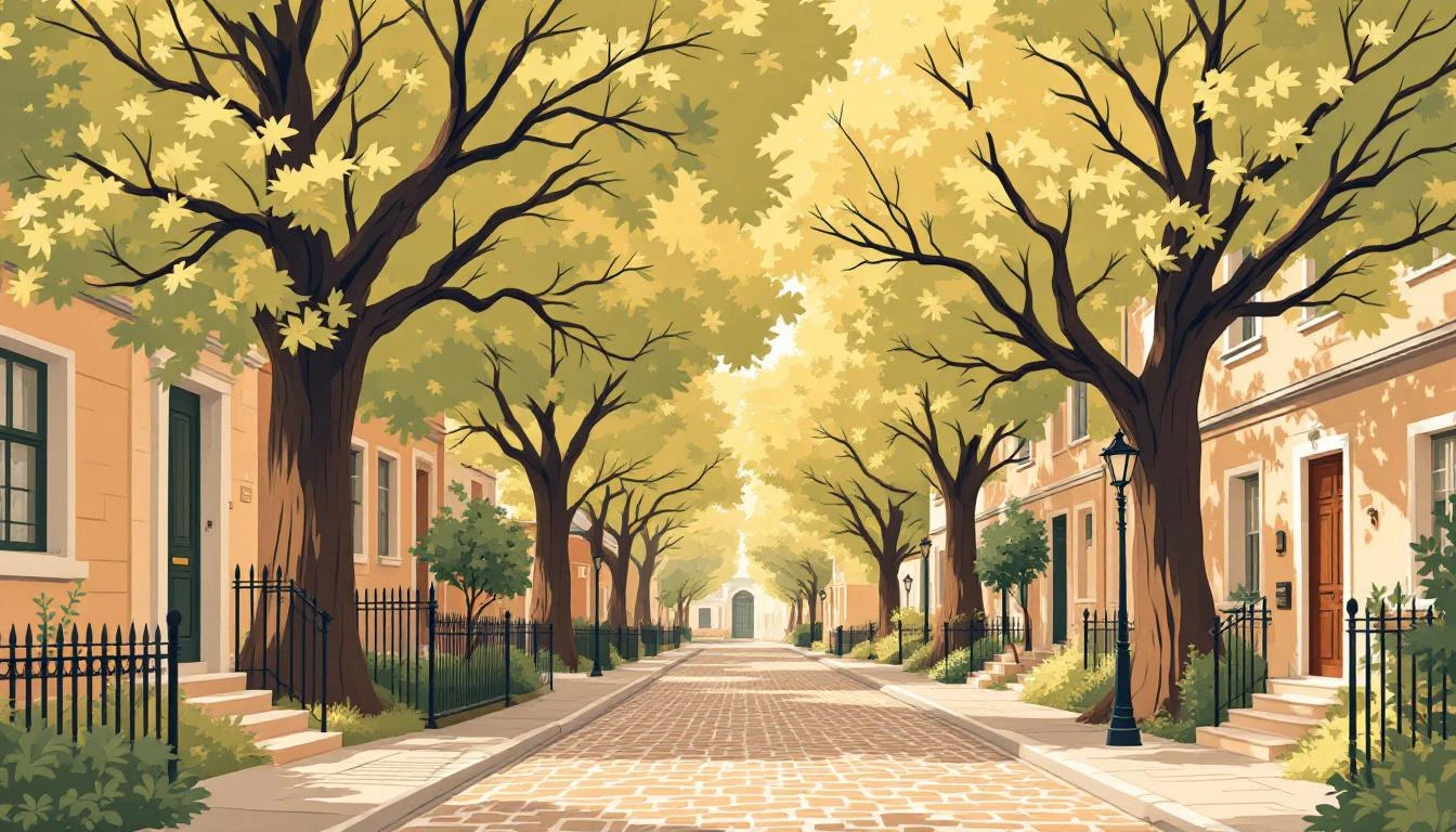 Cobblestone street lined with chestnut trees arching over low-rise stone buildings and small front gardens.