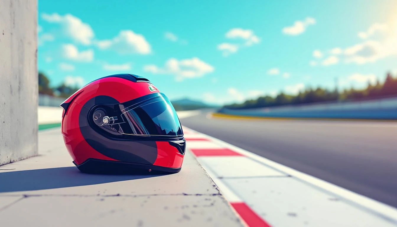Red motorcycle helmet on a concrete pit wall beside painted white curbing and a curving asphalt racing circuit.