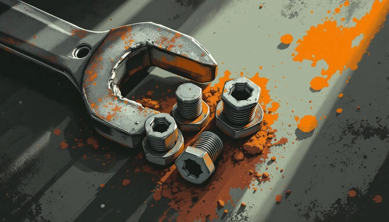 A ratchet wrench tightening one bolt while three others loosen in a cast-iron plate.