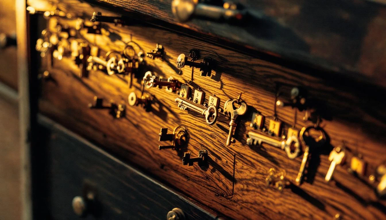 Rows of uniquely shaped brass keys hanging on numbered hooks in a wooden cabinet, lit by warm amber light.