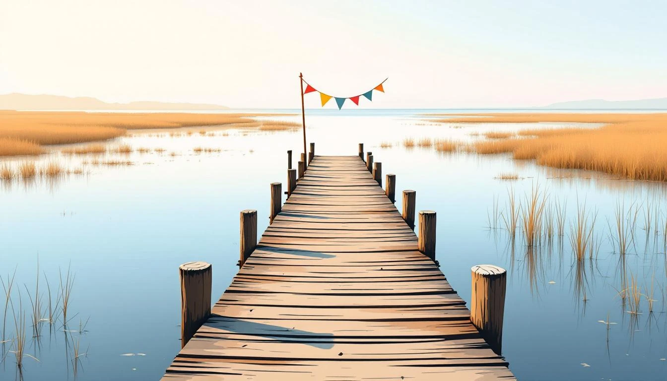 Weathered wooden dock over calm Cape Cod tidal marsh with a colorful pennant in soft morning light.