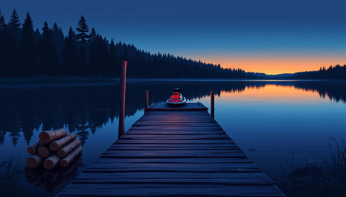 Weathered dock over a glassy lake at dusk with a red jet ski and birch logs, spruce treeline reflected in still water.