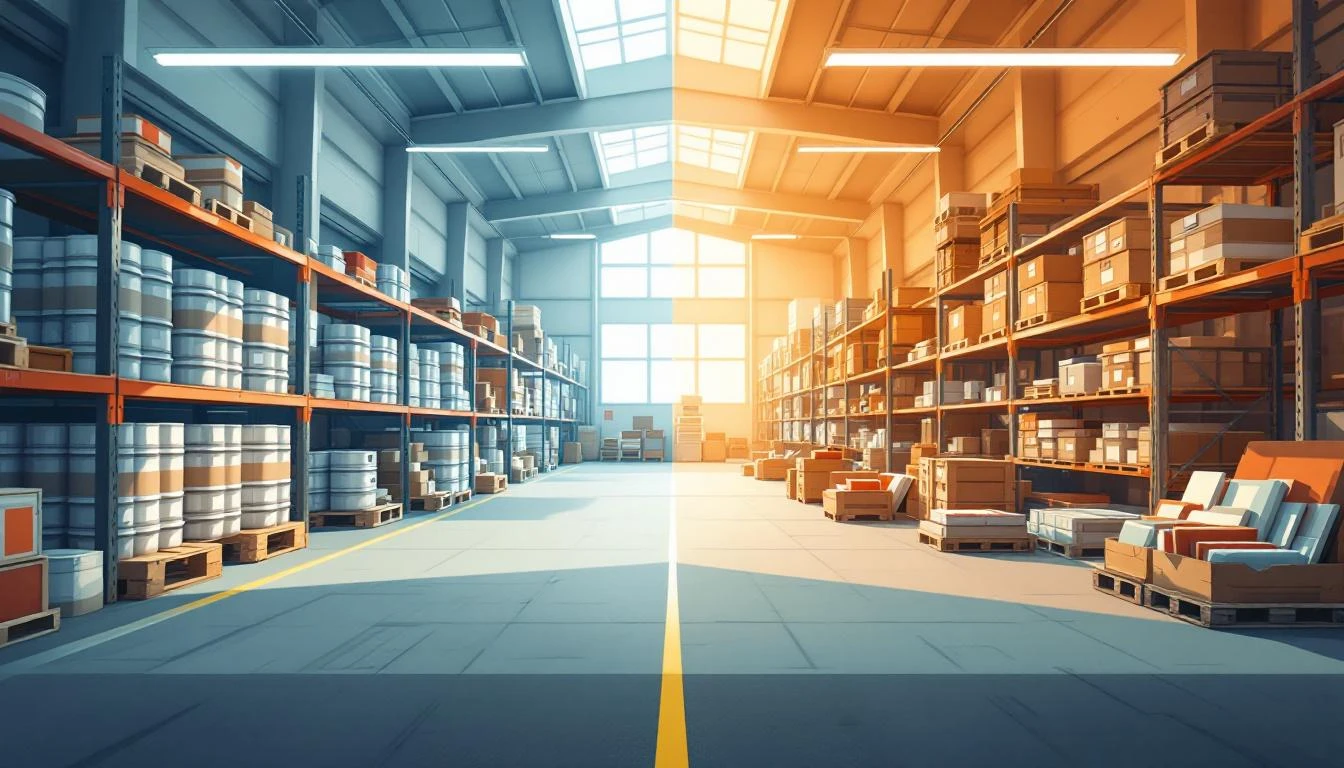 Warehouse split into two sections: sealed metal canisters on shelving under cool light, open wooden crates with fabric and tiles under warm amber light.