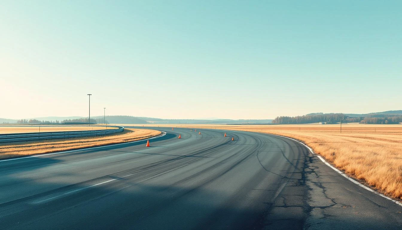 Empty race track curving through open landscape with orange cones casting long morning shadows on worn asphalt.