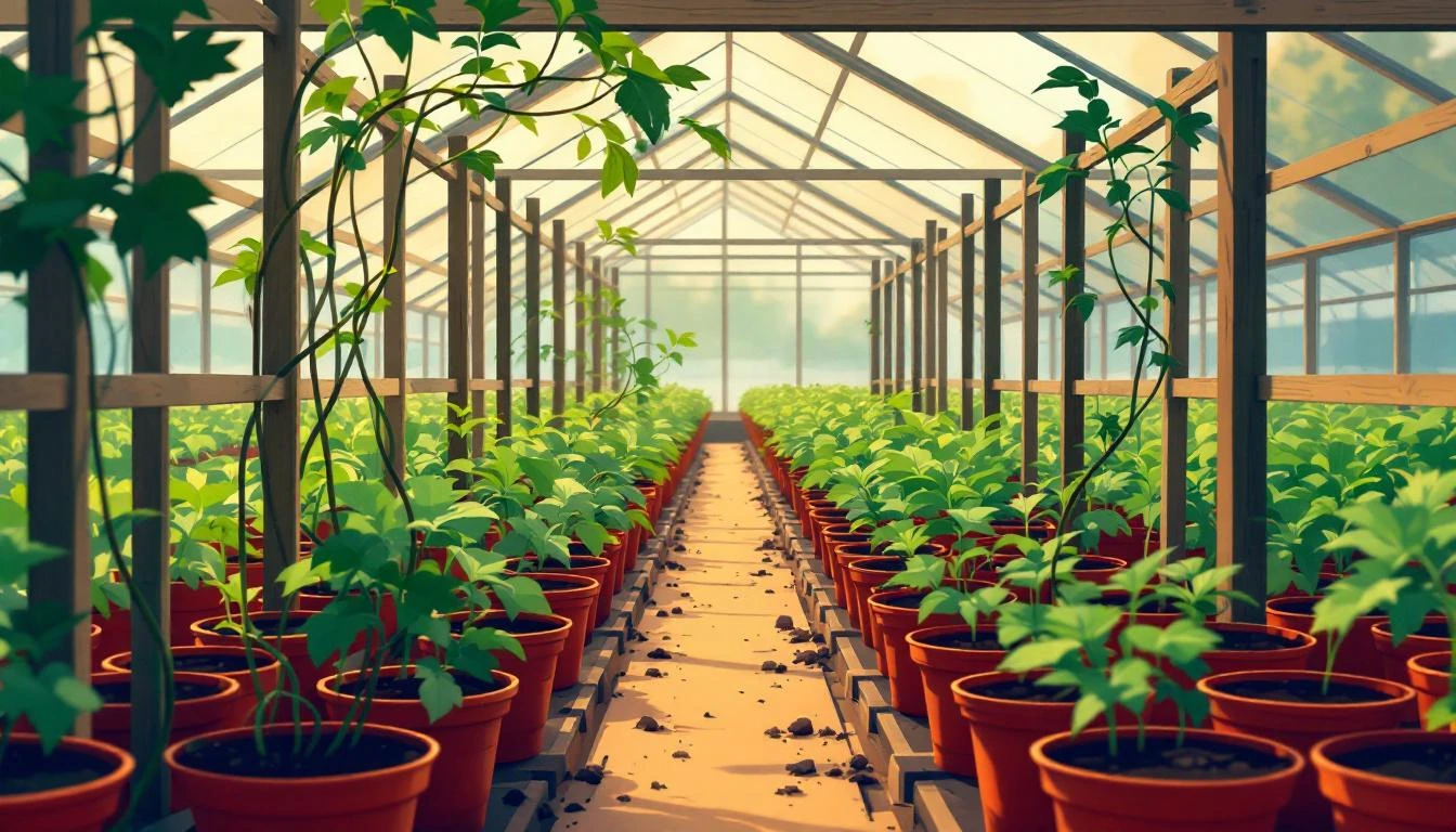 Rows of identical seedlings on a trellis in a greenhouse, one plant growing sideways and tangled at the boundary.