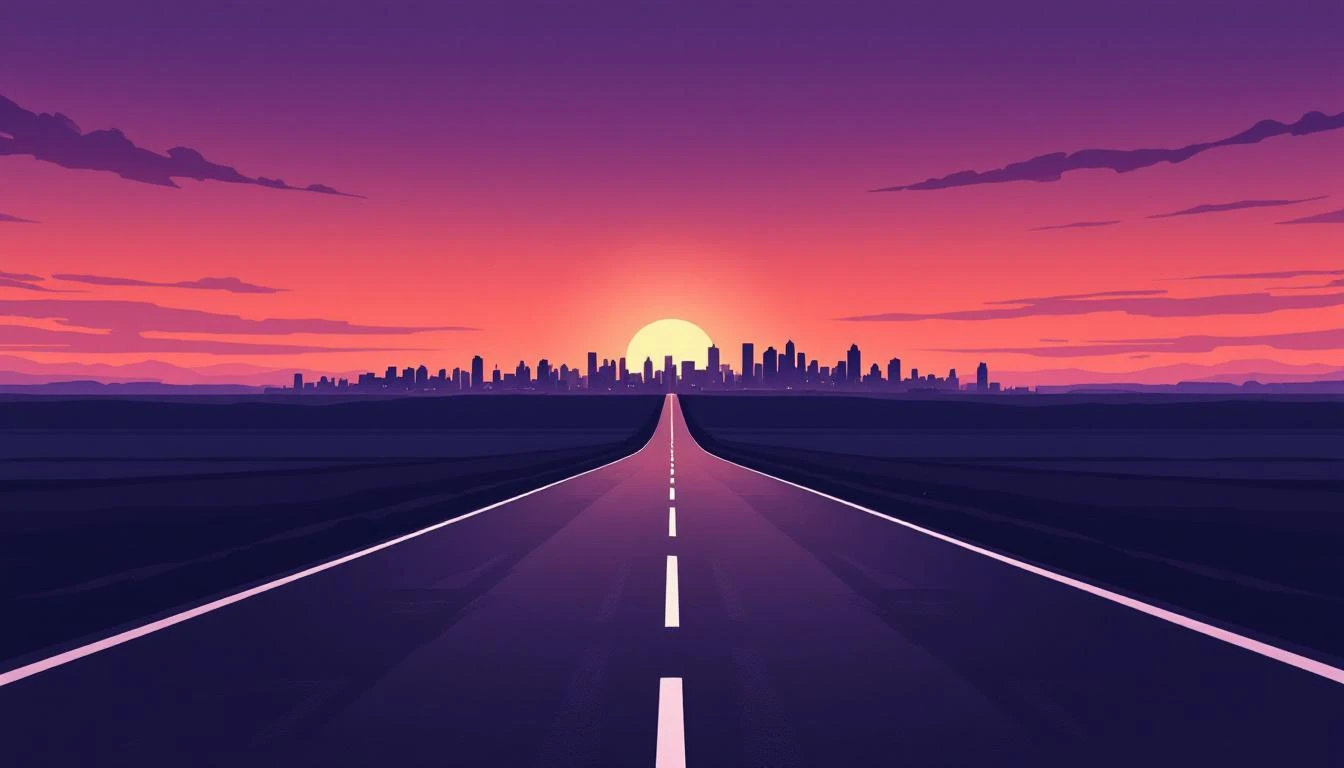 Empty highway at dusk stretching toward a faintly glowing city skyline under a violet and charcoal sky.