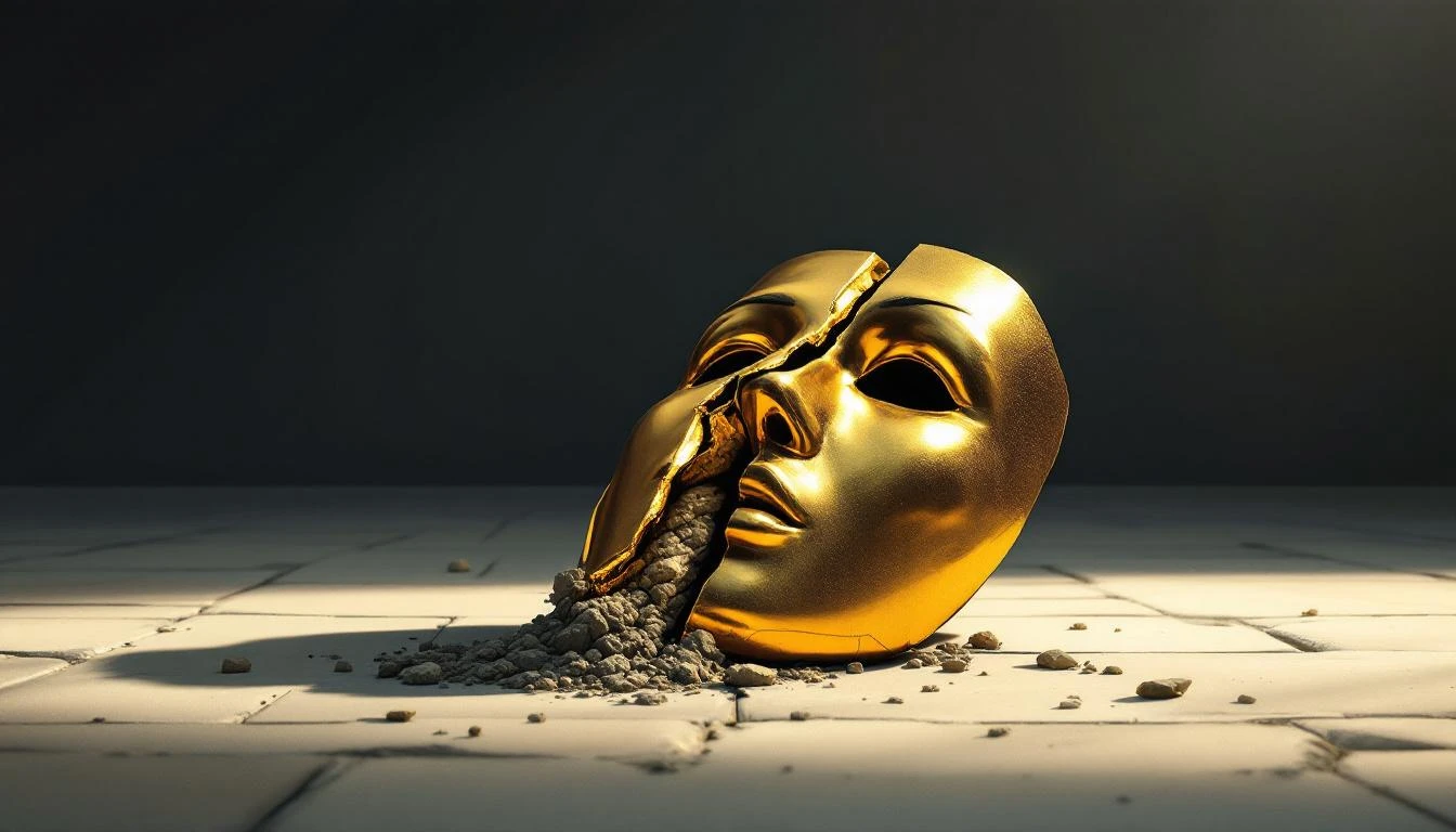 A cracked gilded plaster theatrical mask on stone, split to reveal rough clay beneath, lit by harsh raking light.