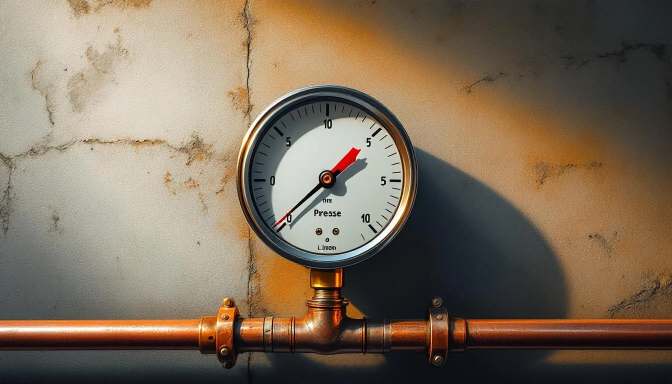 Stainless steel pressure gauge with copper pipe fittings against weathered concrete wall, lit by amber workshop light.