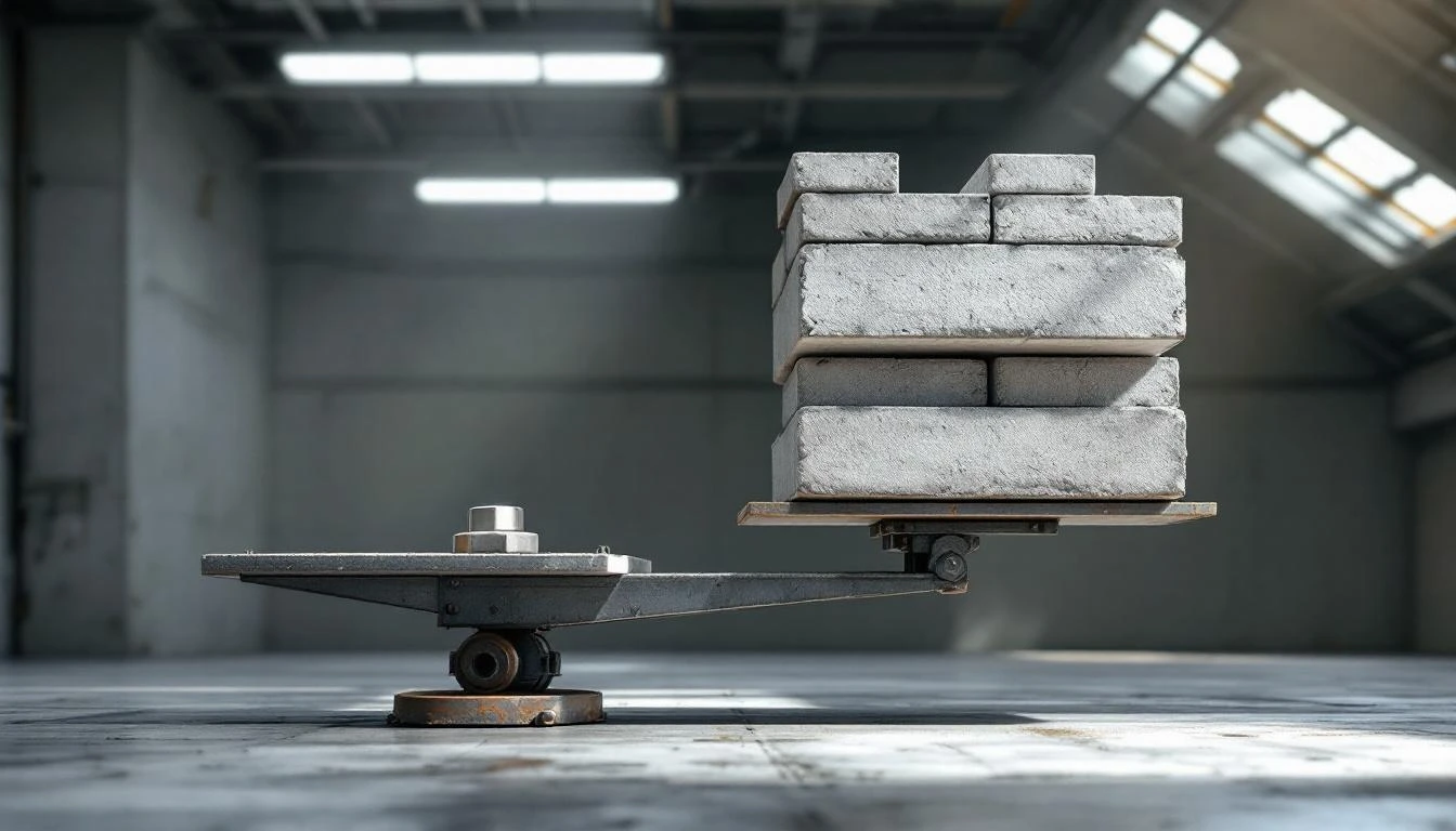 Industrial scale with a tiny steel hex nut vastly outweighed by a towering stack of concrete blocks.