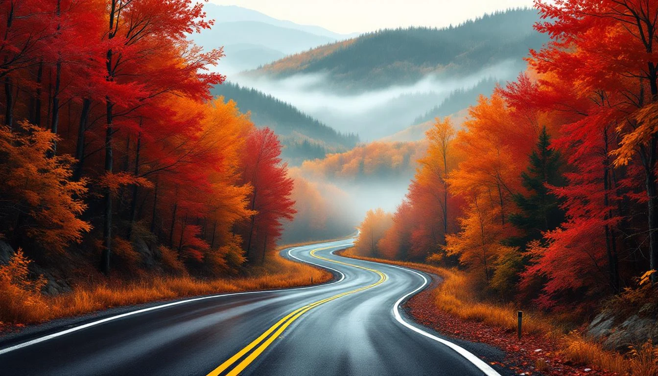 A winding two-lane road curves through dense Vermont autumn foliage in orange, crimson, and gold morning mist.