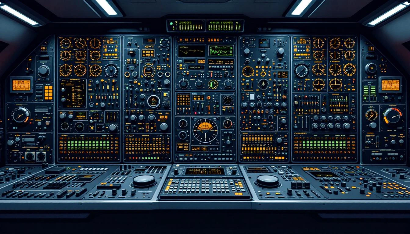 Dense chrome instrument panel with rows of dials and amber warning indicator lights in cold fluorescent light.
