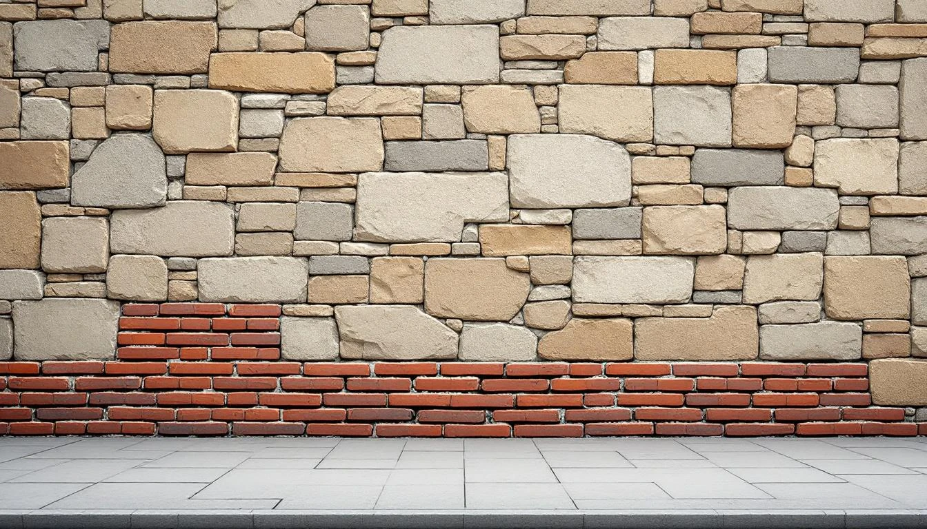 A patched stone wall of mismatched bricks beside a small neat section of uniform terracotta tiles.