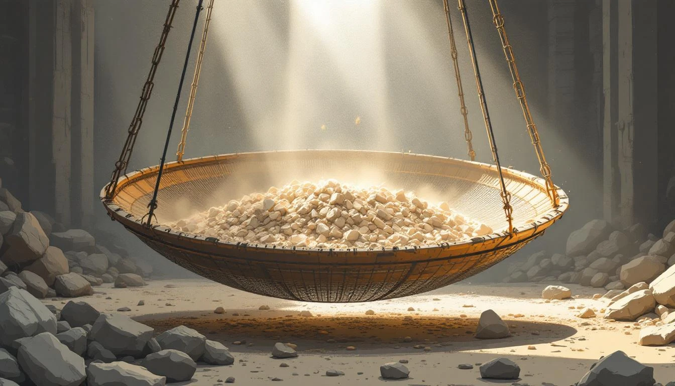 Industrial wire mesh sieve clogged with gravel and dust, lit by a single shaft of pale light over a stone quarry floor.