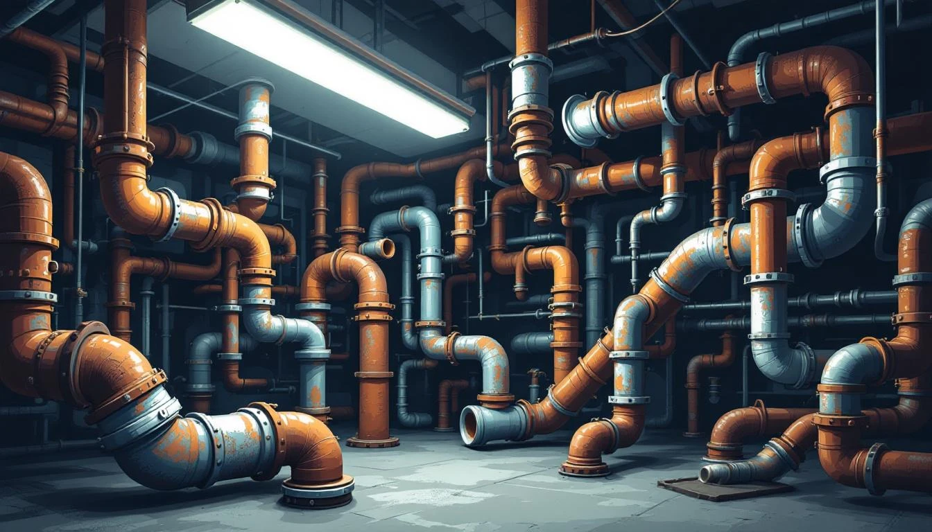 Corroded iron pipes tangled with mismatched chrome fittings in a dim industrial basement.