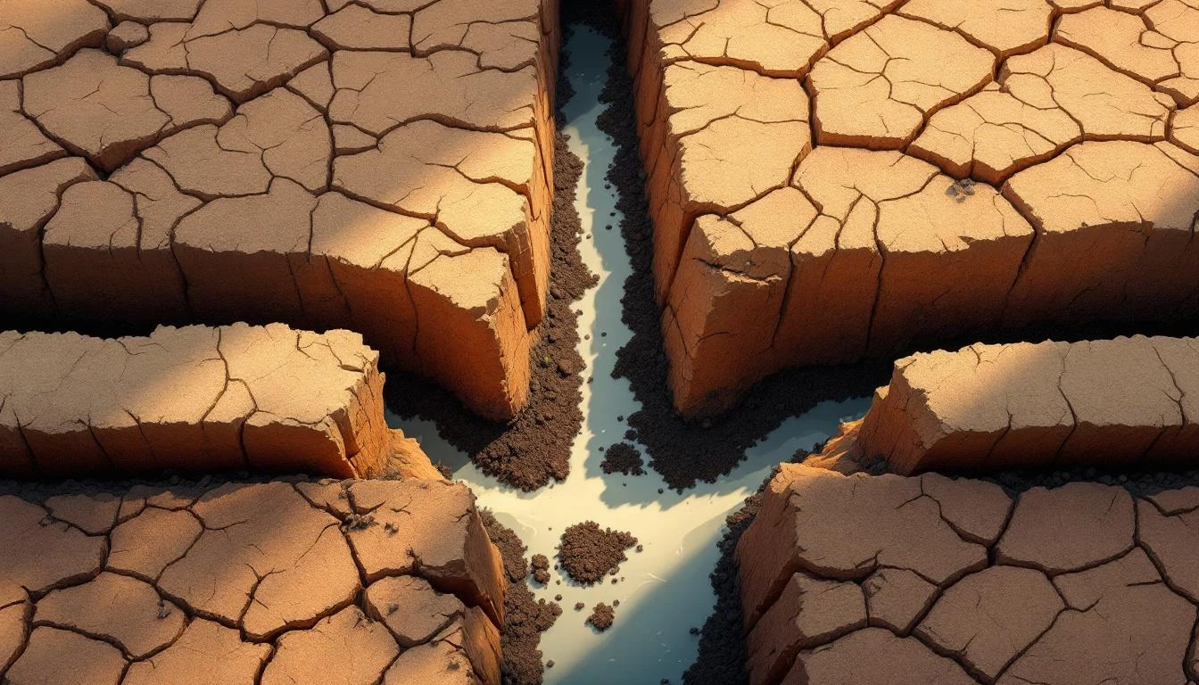 Two ceramic irrigation channels in dry soil, one blocked by a clay plug pooling water, the other open and feeding moist earth.