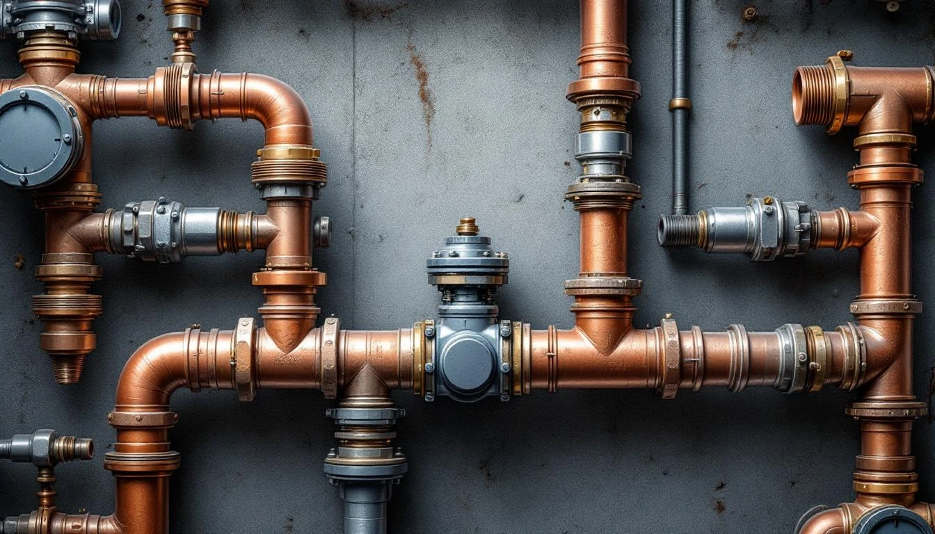 Copper pipe manifold with one thick inlet branching into multiple outlet pipes of varying sizes.