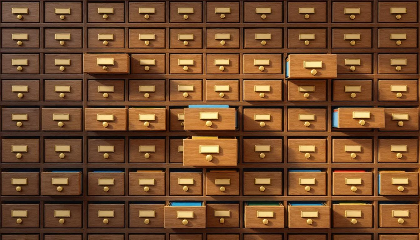 Wooden card catalog cabinet with brass-handled drawers pulled open at varying depths, showing color-coded dividers inside.