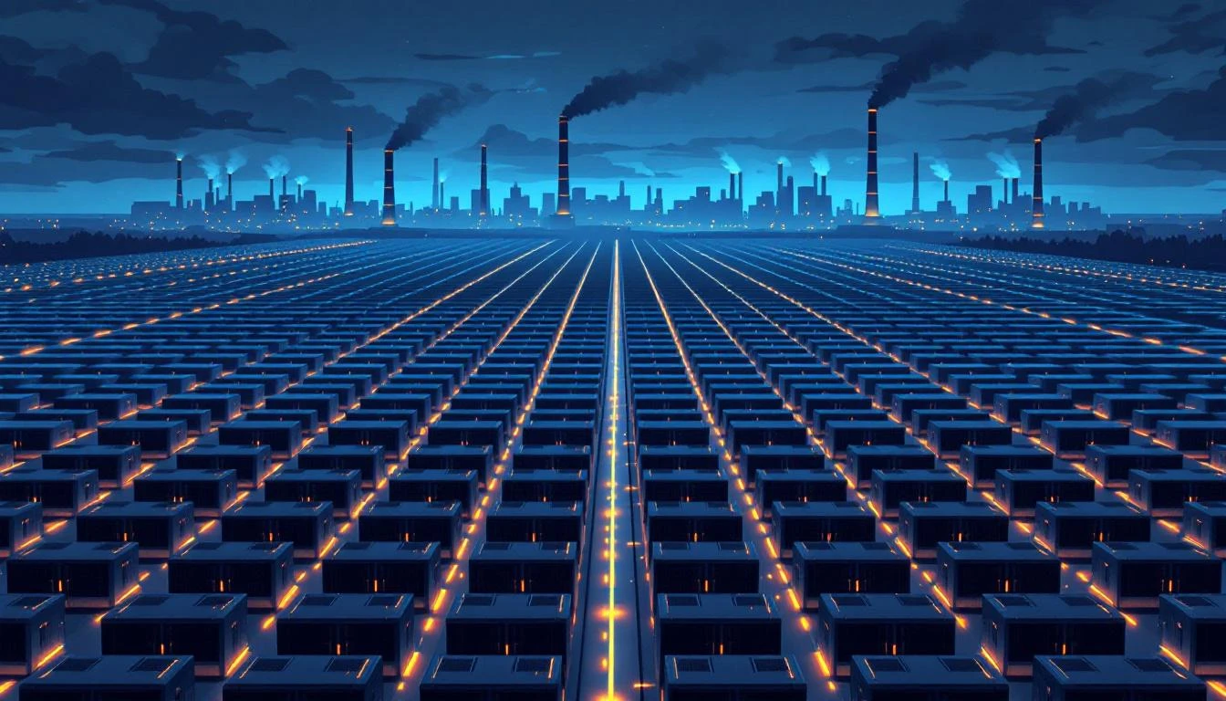 Aerial view of a vast industrial server farm with rows of cooling towers glowing amber at dusk.
