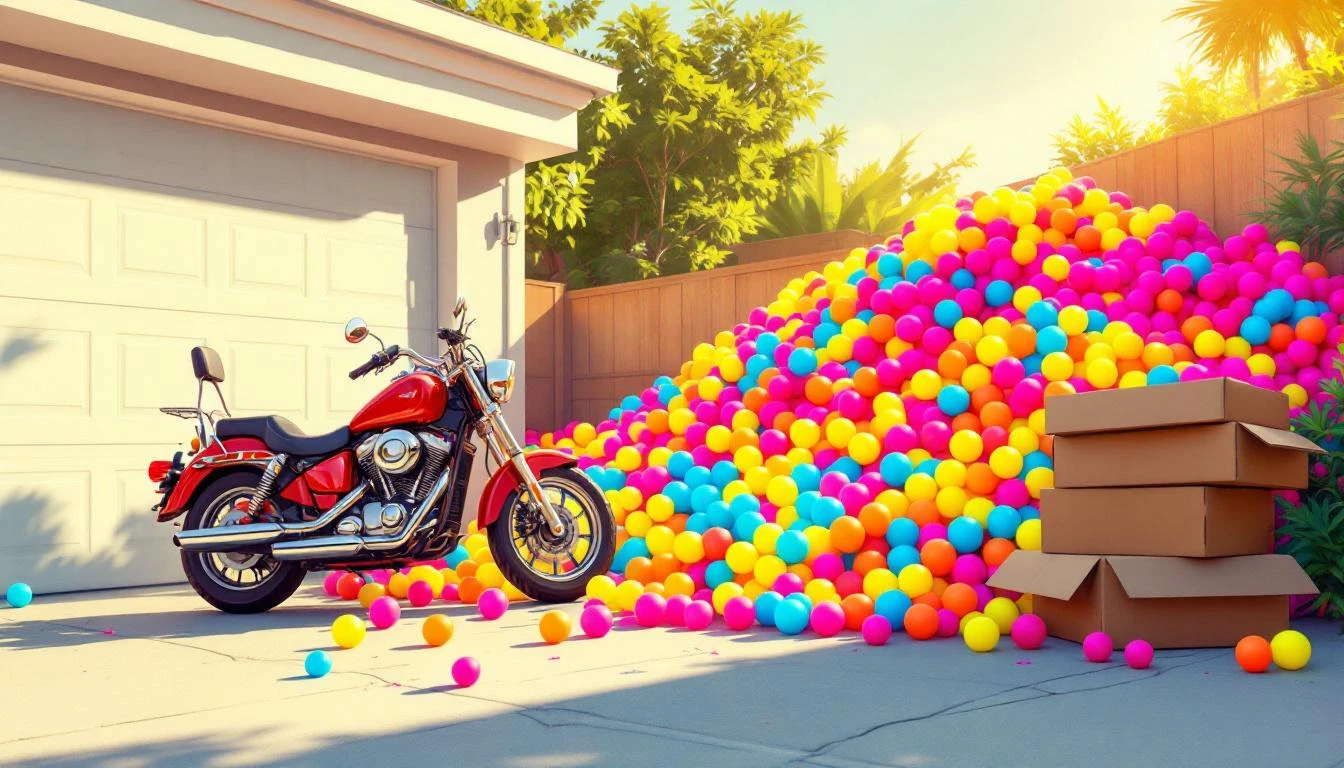 Red motorcycle parked beside a spilling mound of colorful plastic balls with stacked pizza boxes nearby.