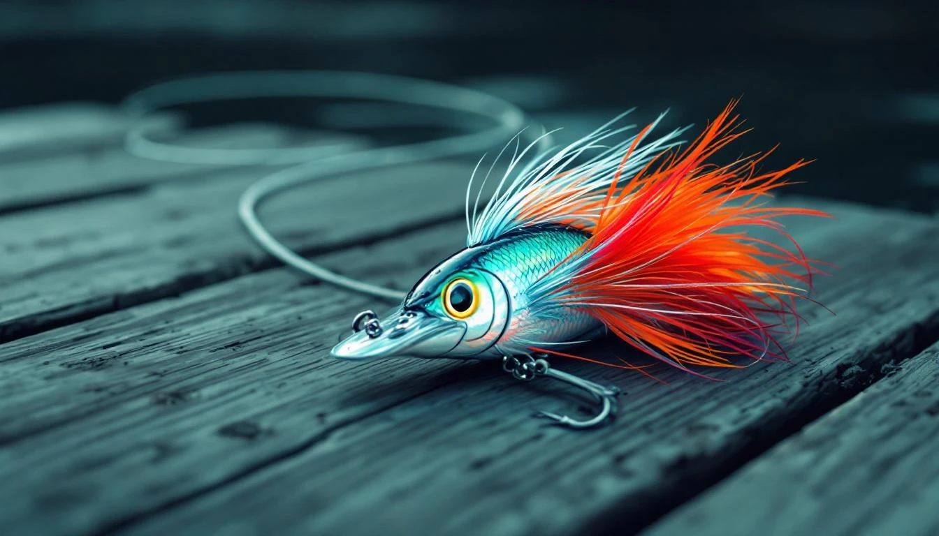 A chrome fishing lure with bright feathers on weathered dock planks, a near-invisible fishing line trailing into shadow.