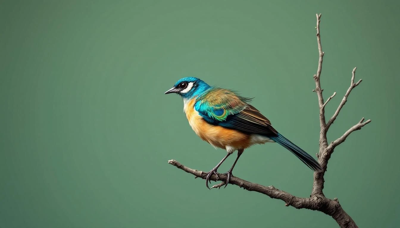 A small brown bird with a mismatched peacock feather attached to its back, perched on a bare branch.