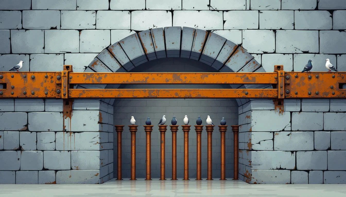 A rusted iron portcullis blocking clean copper messenger tubes in a stone archway, with pigeons perched on them.