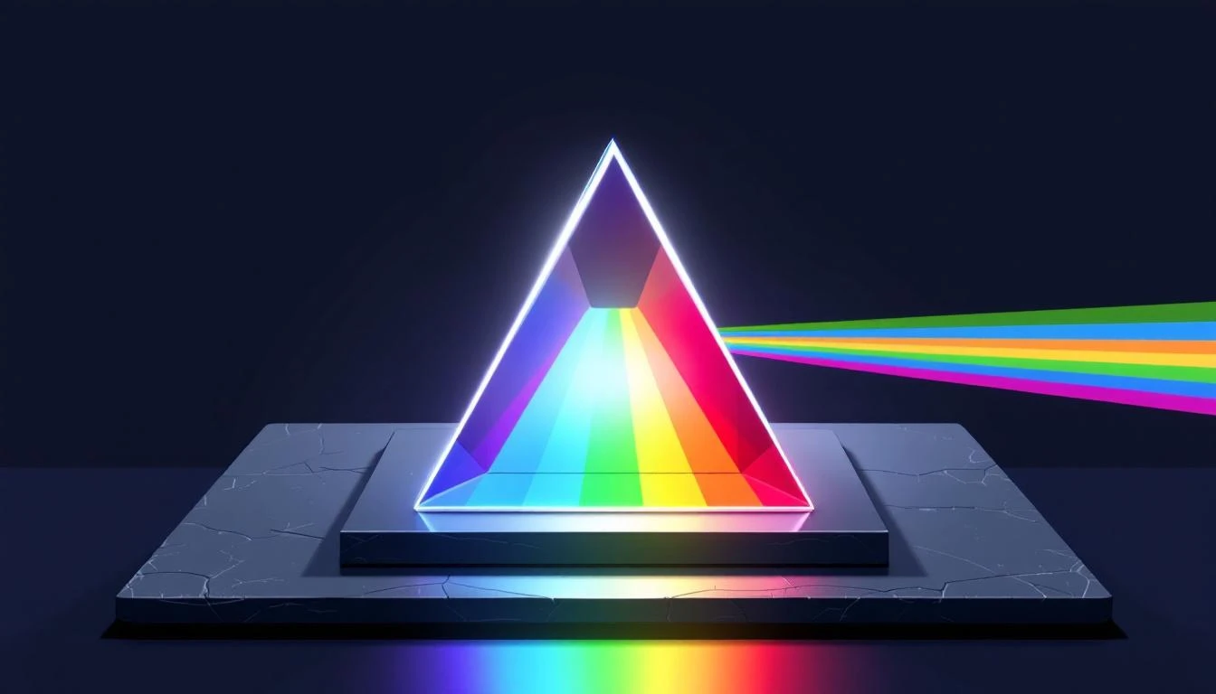 Glass prisms on dark slate splitting white light into a color spectrum and recombining it into a single beam.