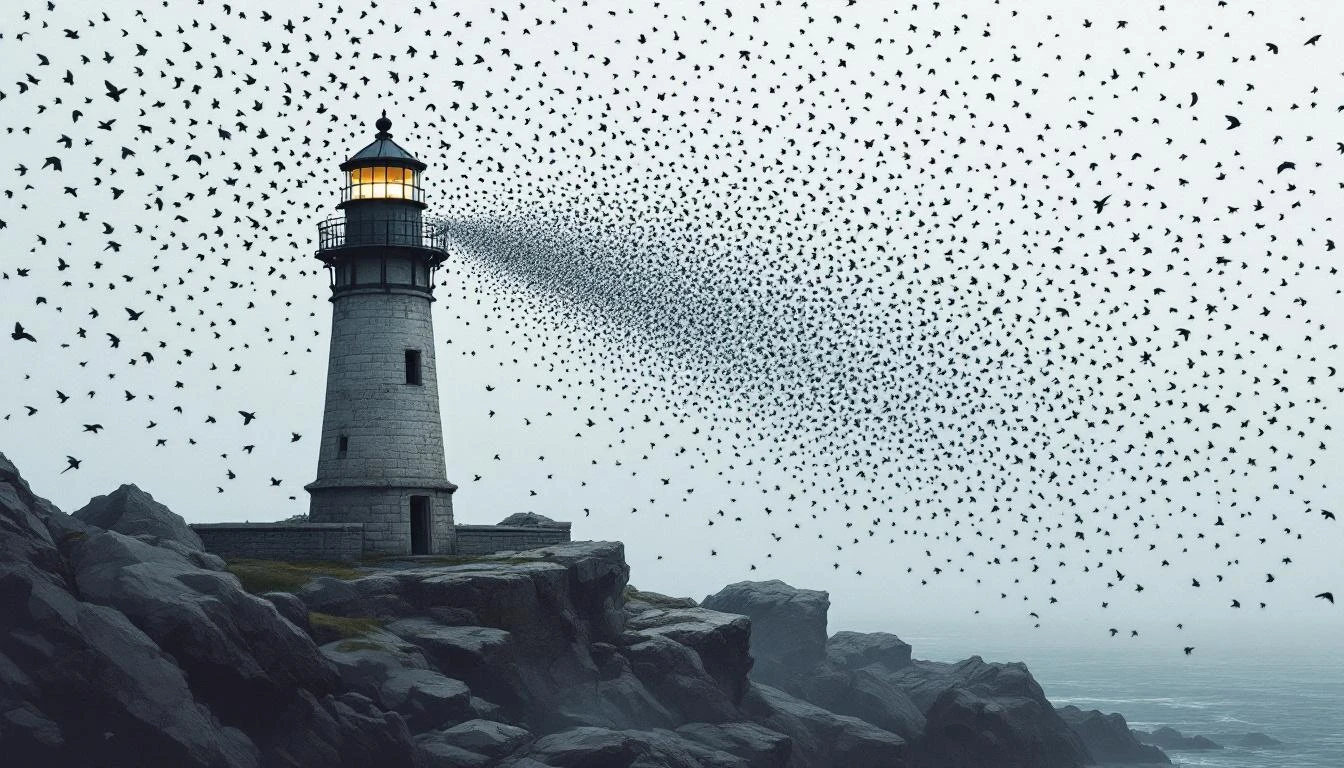 A murmuration of dark starlings converging on a solitary stone lighthouse on a rocky coast.