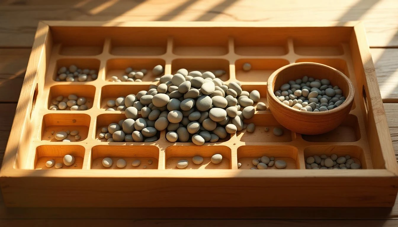 Wooden seed-sorting tray with river pebbles sorted into two small bowls under warm low-angle light.