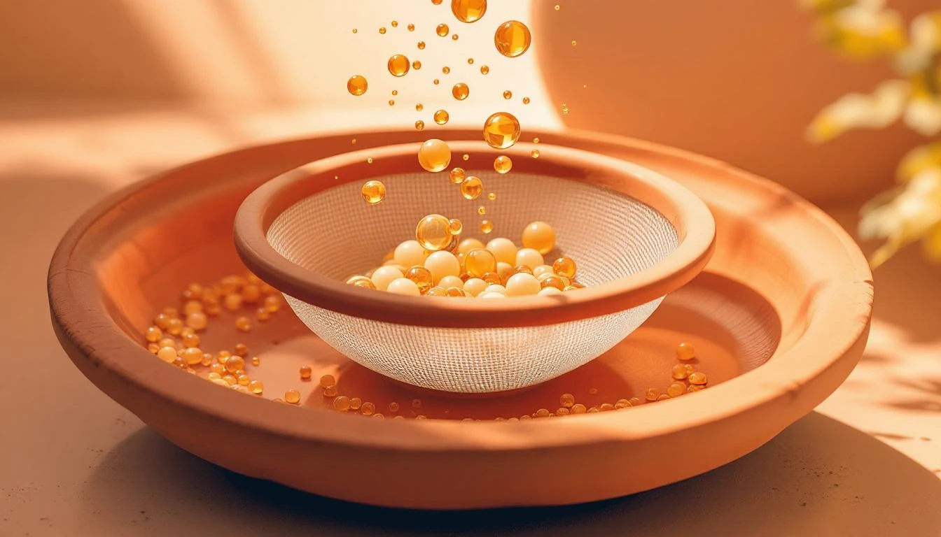 Ceramic sieve catching large translucent spheres while small amber beads fall through into a terracotta bowl.