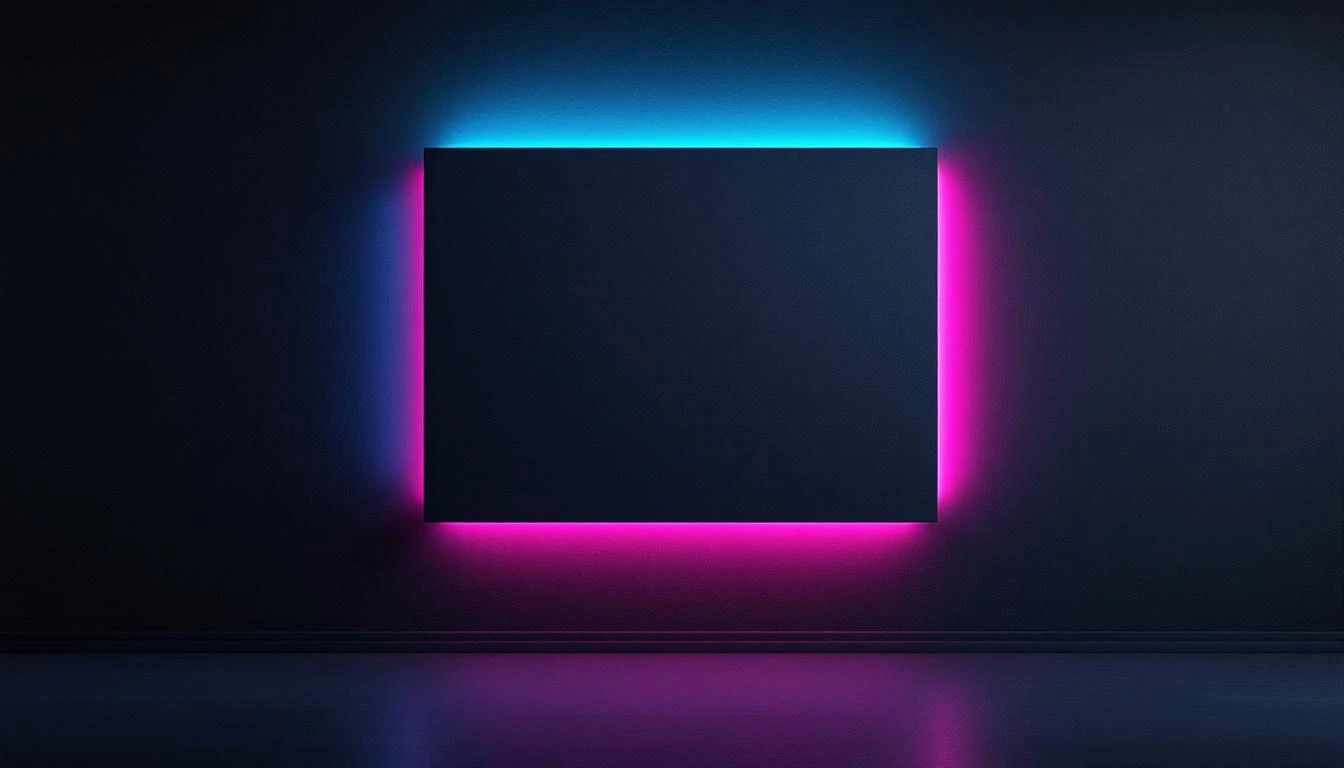 A flat rectangular panel mounted on a dark charcoal wall with a soft teal and magenta glow radiating outward.