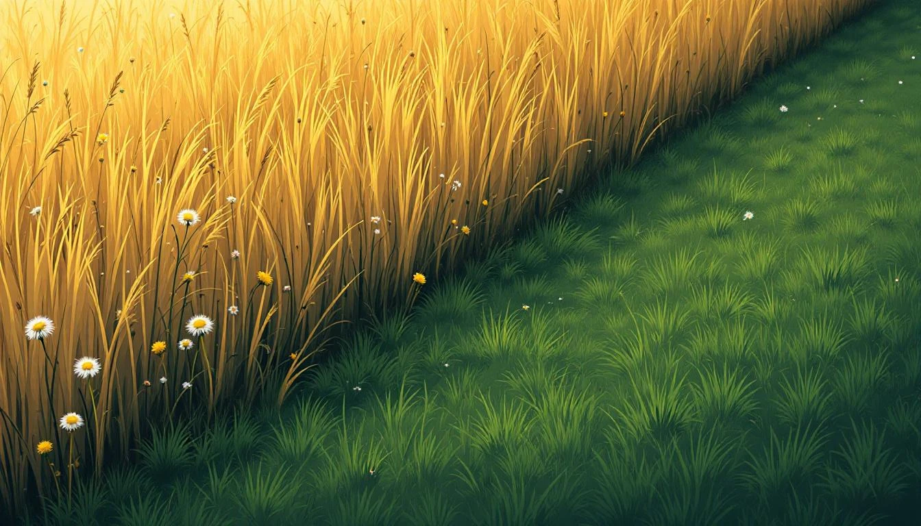 A diagonal border between a wild golden meadow and a trimmed lawn at twilight, with a dandelion releasing seeds at the edge.