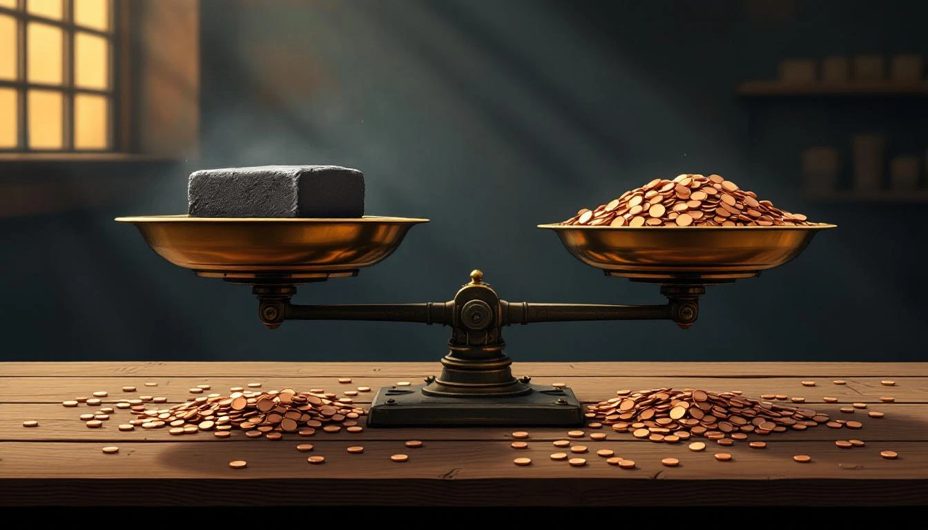 Brass balance scale with one iron ingot outweighed by overflowing copper discs on the other pan.