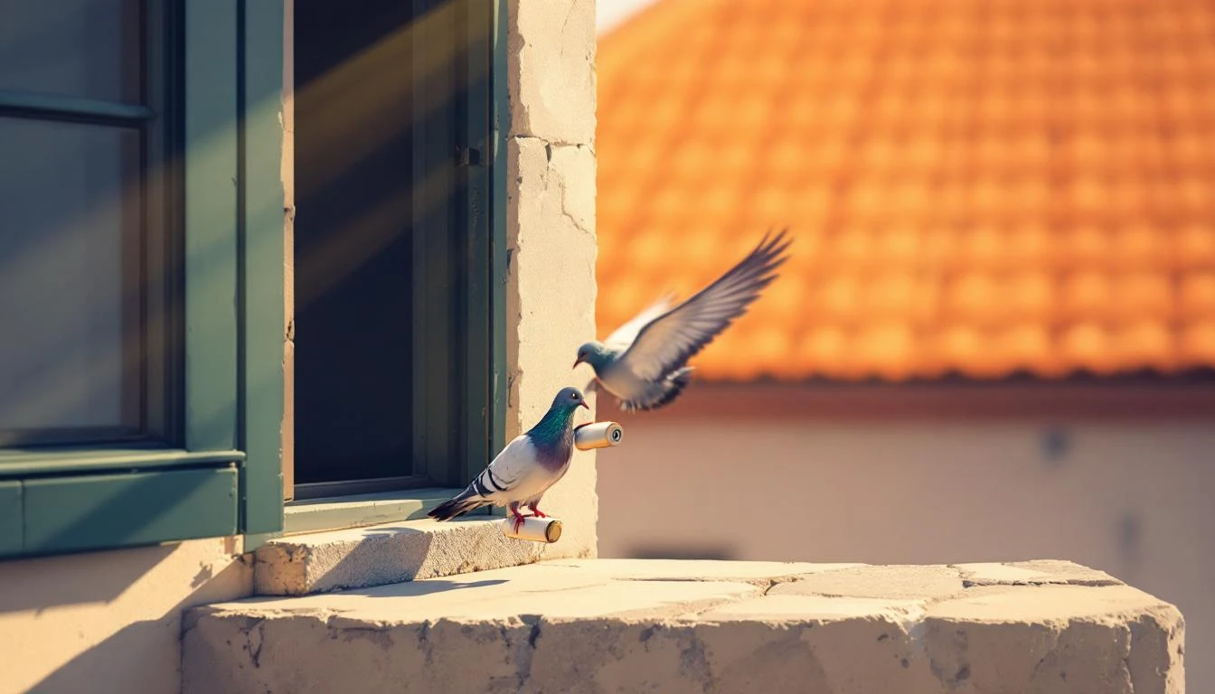 A homing pigeon landing on a stone windowsill in warm golden light with terracotta roof tiles behind.