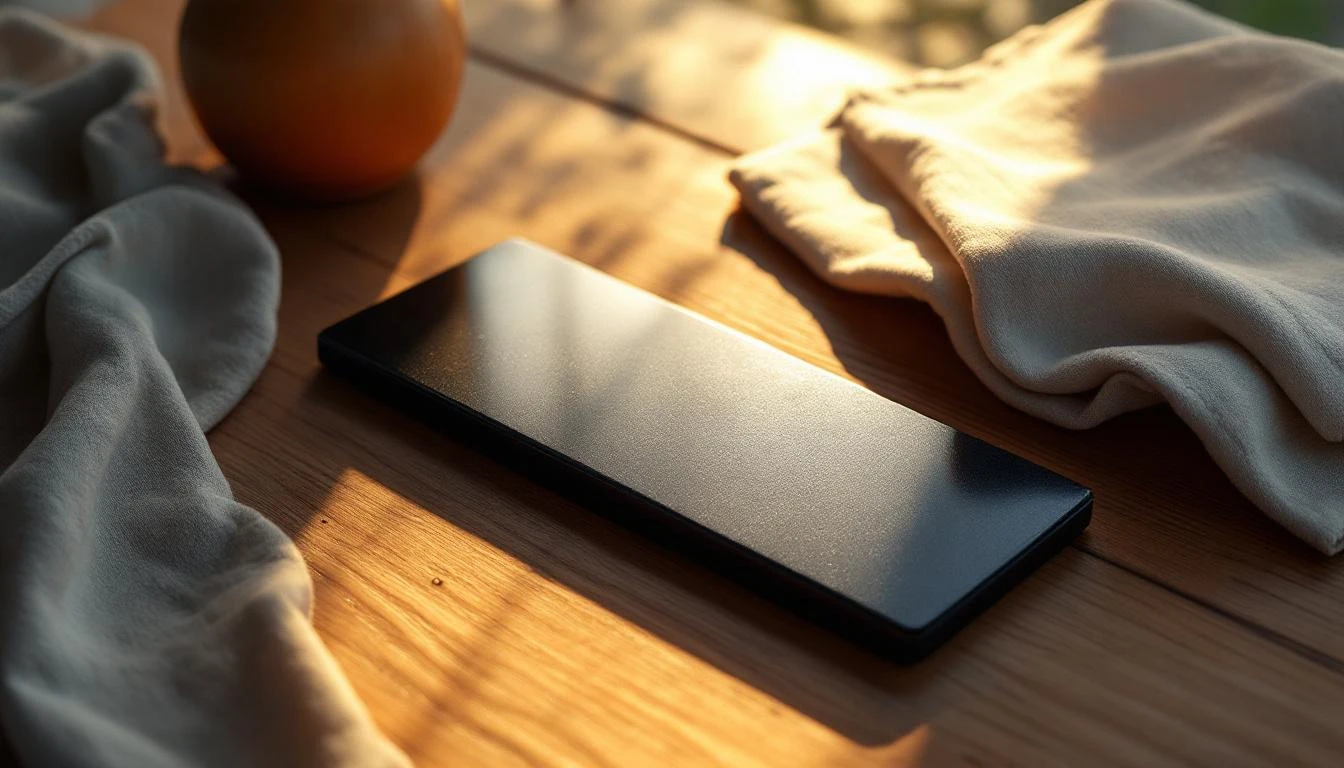 Polished obsidian slate resting on weathered teak with warm amber window light and a long soft shadow.