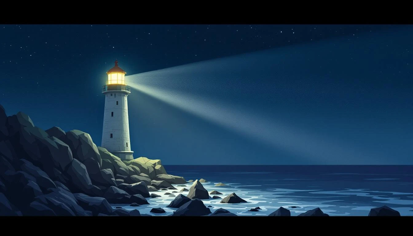 Lighthouse beam sweeping over dark rocky coastline at night under a navy sky.