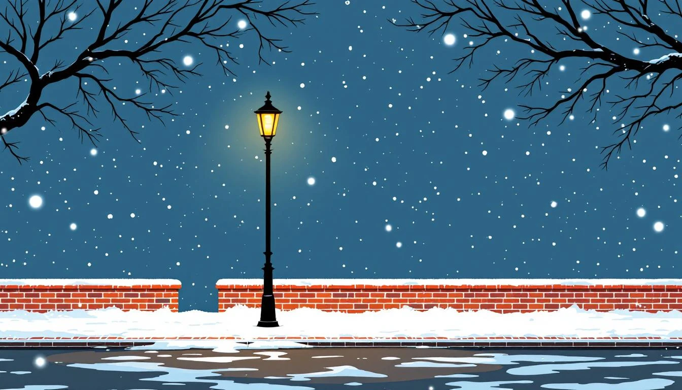 Cast-iron lamp glowing amber over snow-dusted brick sidewalk at dusk with bare elm branches above.