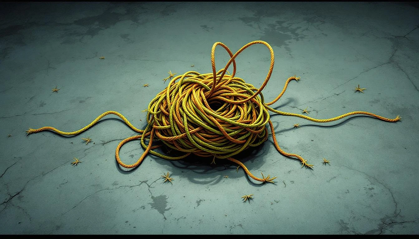 Tangled ball of frayed fishing line in yellow-green and rust orange on weathered concrete.
