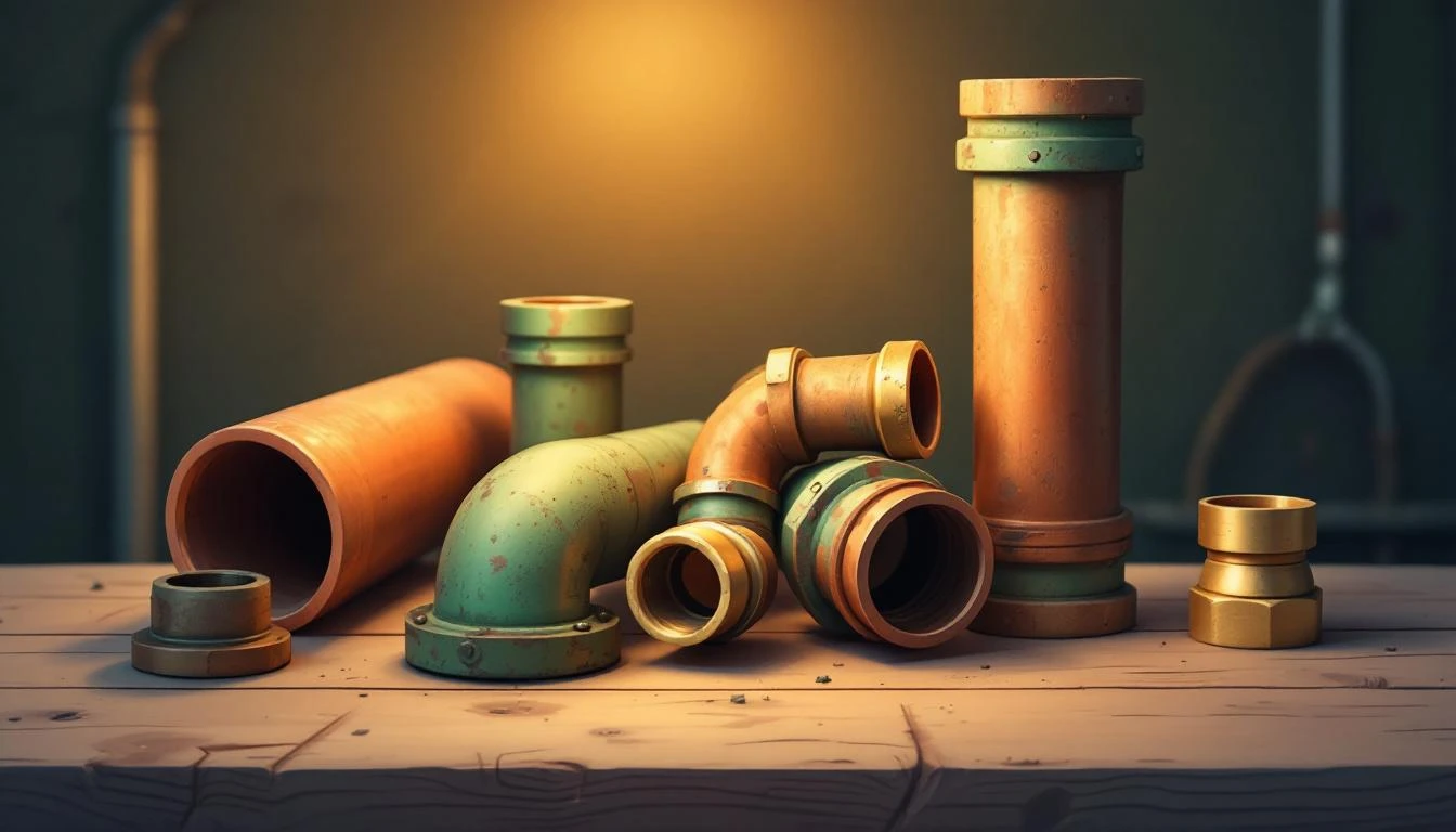 Corroded copper pipes and brass fittings beside a freshly cut bright copper joint on a worn wooden workbench.
