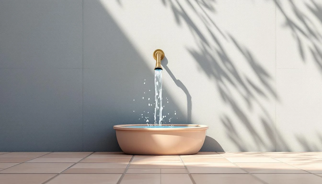 Ceramic tank releasing a cascade of water through a brass pipe into a tiled basin on a stone wall.