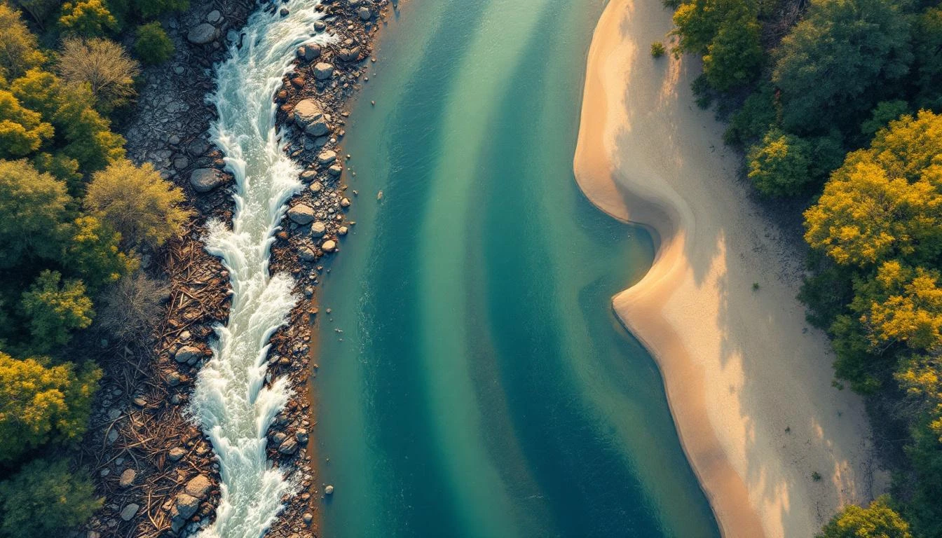 Aerial view of two river channels side by side, one cluttered and turbulent, the other wide and smoothly flowing.