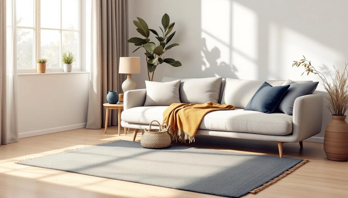 Curated Scandinavian living room vignette with linen sofa, wooden side table, ceramic lamp, and wool rug in warm afternoon light.