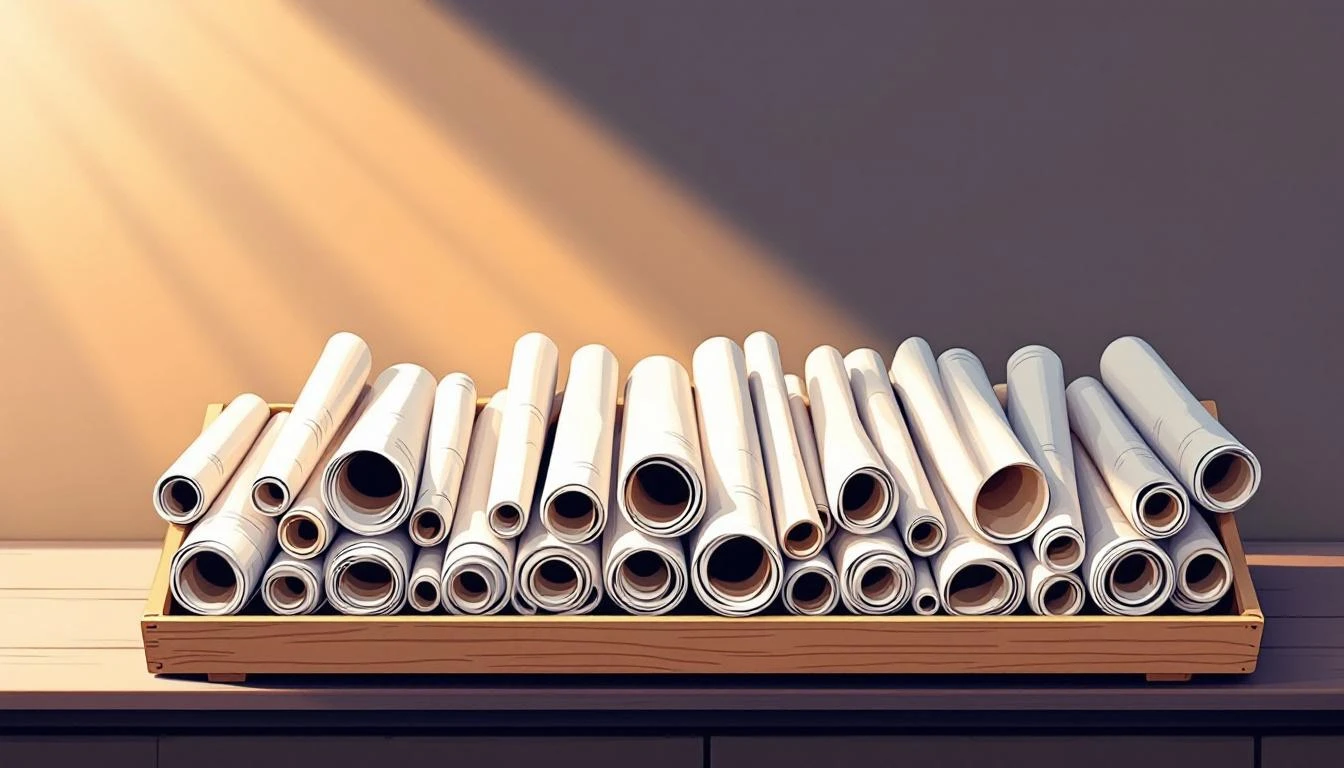 Dozens of rolled paper cylinders arranged by height in a shallow wooden tray under warm raking morning light.