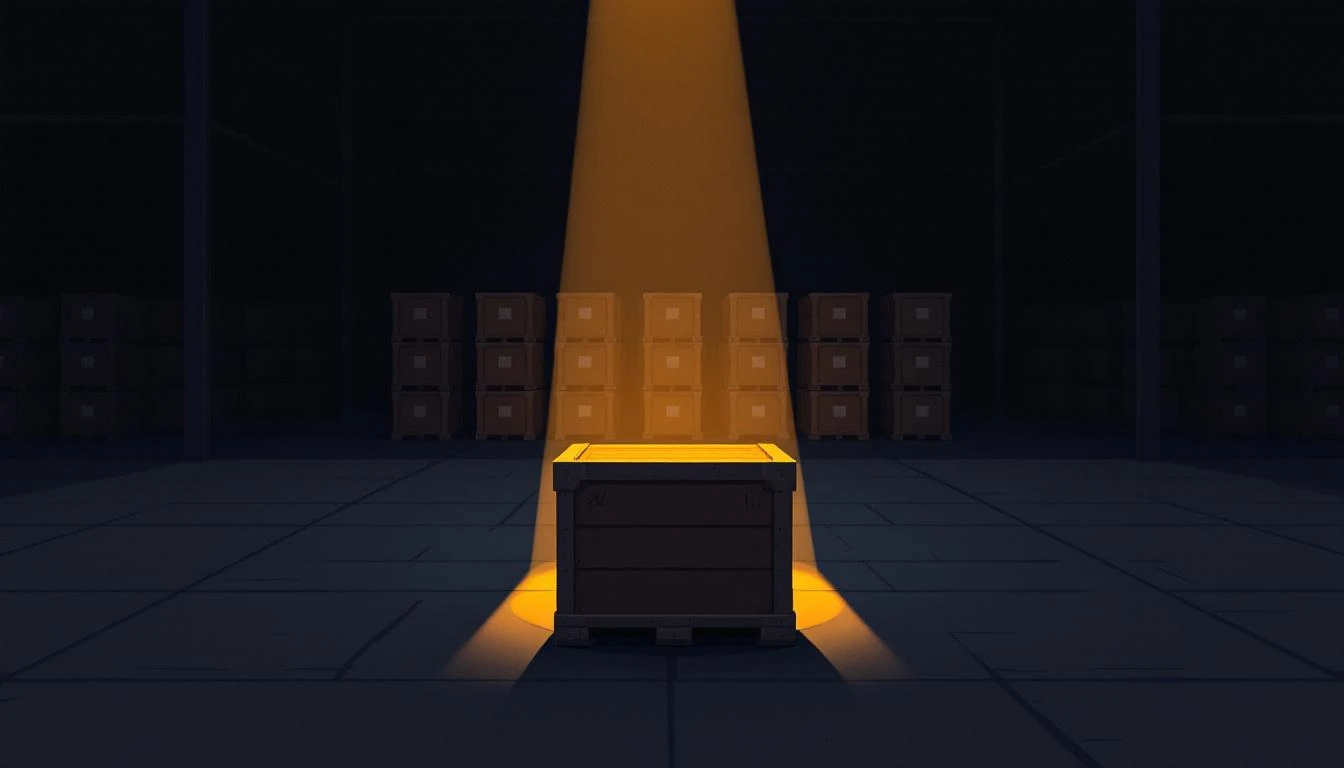 A single wooden crate lit by a narrow amber beam in a shadowy warehouse, surrounding crates lost in darkness.