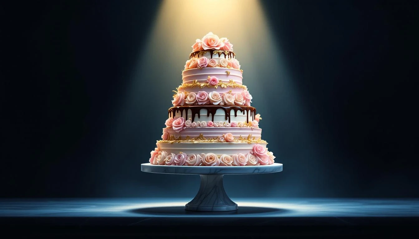 An ornate frosted layer cake with gold leaf and chocolate drips glowing under a spotlight against a dark background.