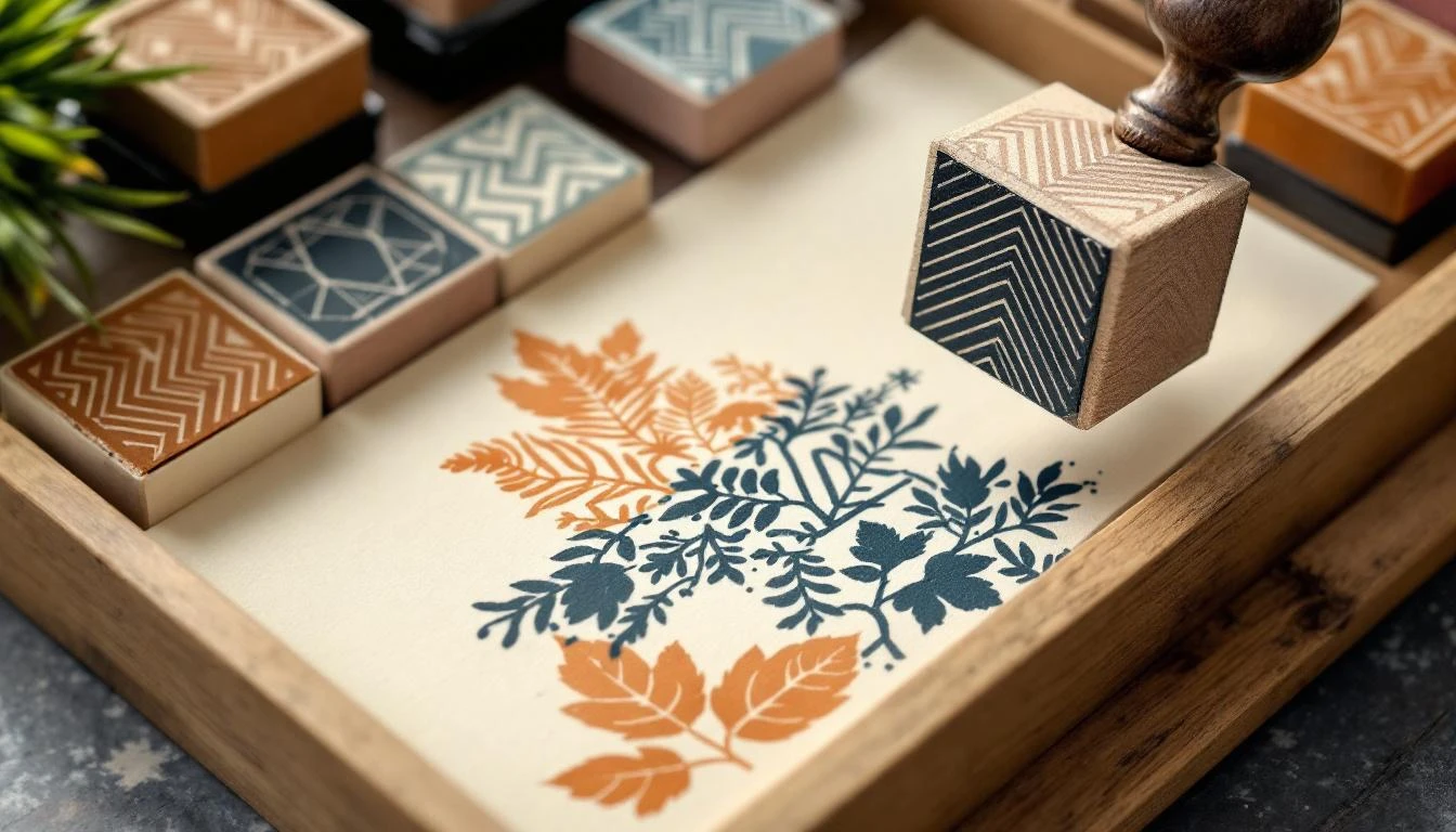 Rubber stamps with geometric faces in a wooden tray, one mid-press over cream paper, with ink pads in charcoal, rust, and slate blue.