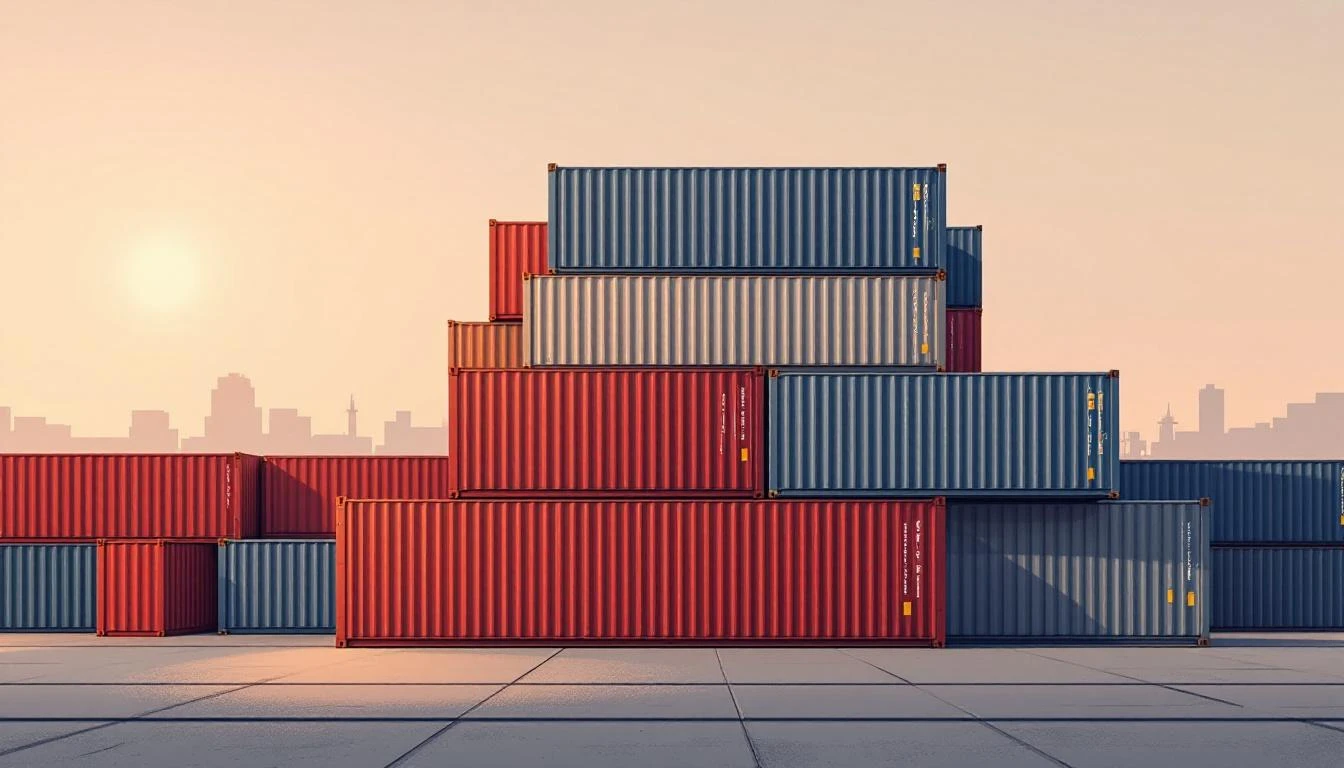 Nested metal shipping containers in slate grey and brick red stacked on a concrete dock at dusk.
