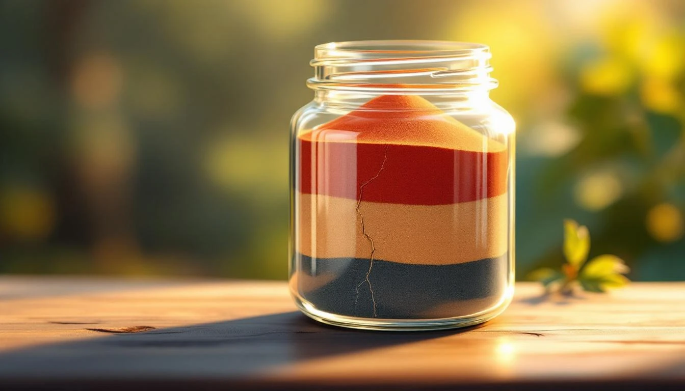 A sealed glass jar of compressed layered sand with a hairline crack, on weathered wood in warm light.
