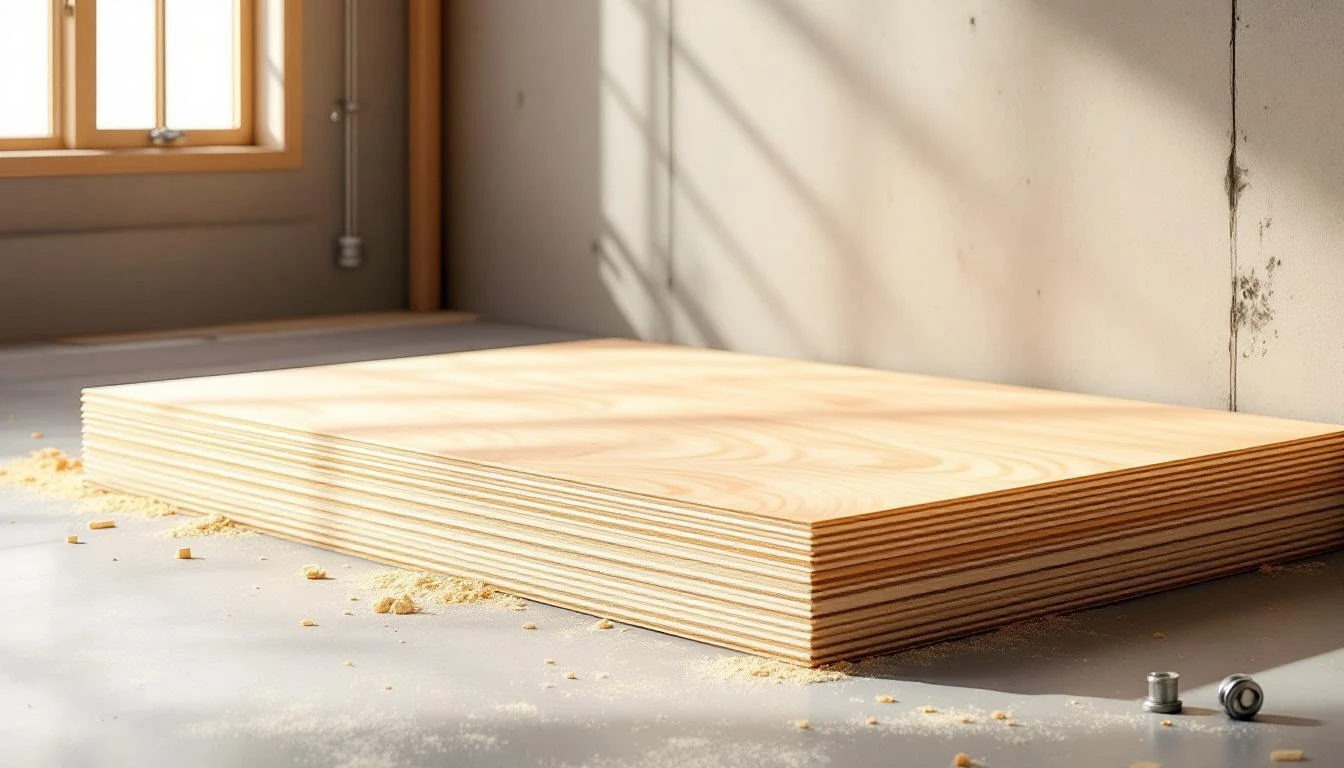 Fresh-cut maple plywood sheet with exposed grain layers leaning against a sunlit concrete workshop wall.